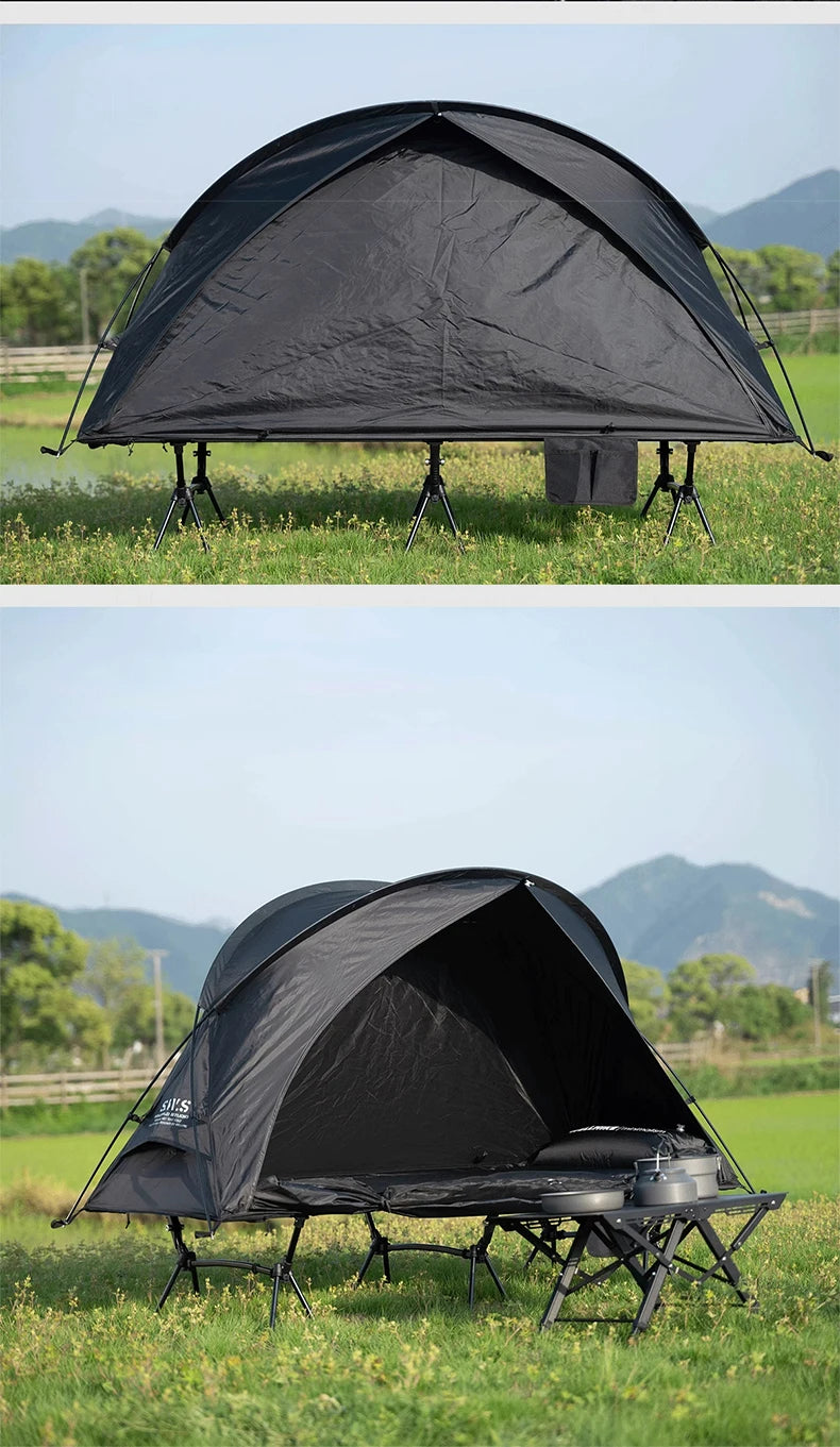 A Lit de camp 2 en 1 avec tente simple-paroi "Wellhike Minimalism - Yunchi SWS" de Wellhike Minimalism est installé sur l'herbe, avec des tables pliantes à proximité. Le texte "WELLHIKE minimalism" apparaît en bas de l'image.