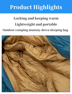Zoom sur le sac de couchage JUNGLE KING CY24SD04, garnissage en duvet 650FP, confort à -5 °C, léger et compact, idéal pour le camping hivernal.