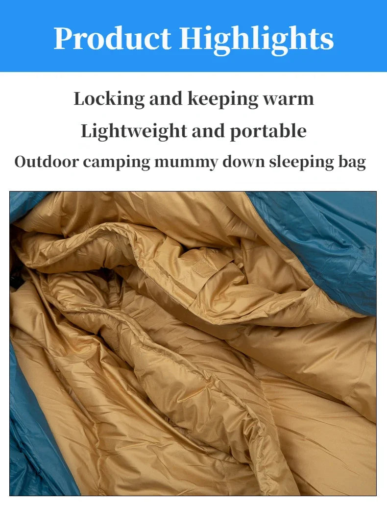 Zoom sur le sac de couchage JUNGLE KING CY24SD04, garnissage en duvet 650FP, confort à -5 °C, léger et compact, idéal pour le camping hivernal.
