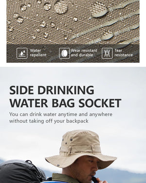 Le BISINNA Sac à dos de trekking 70L (B042), 1,58 kg avec housse de pluie, comporte de multiples compartiments, des poches latérales en filet, des bretelles réglables et une poche frontale zippée.