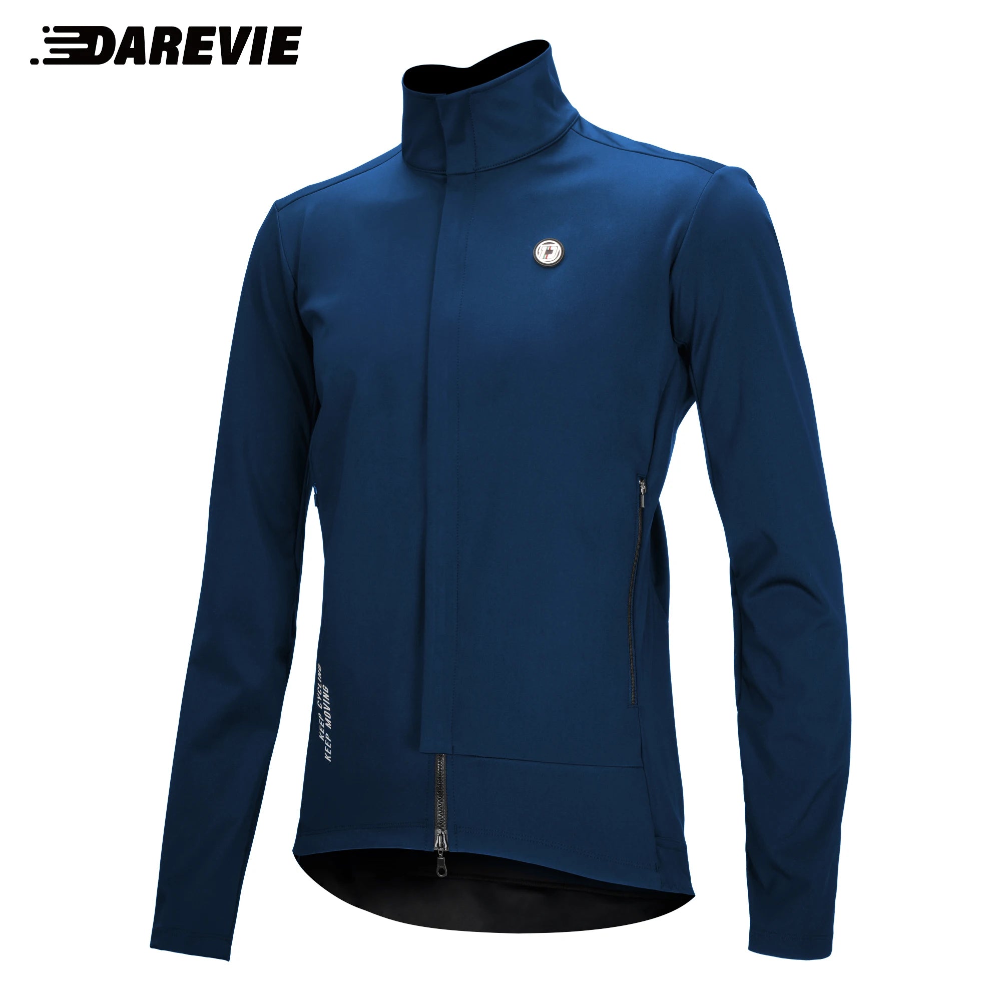 Deux DAREVIE Veste de cyclisme d'hiver en polaire thermique résistante à l'eau (DVJ229), l'une bleue et l'autre noire, sont présentées avec un gros plan de la double fermeture éclair et un logo réfléchissant "DAREVIE" dans le coin supérieur gauche. Pour températures de -5 à 10°C.