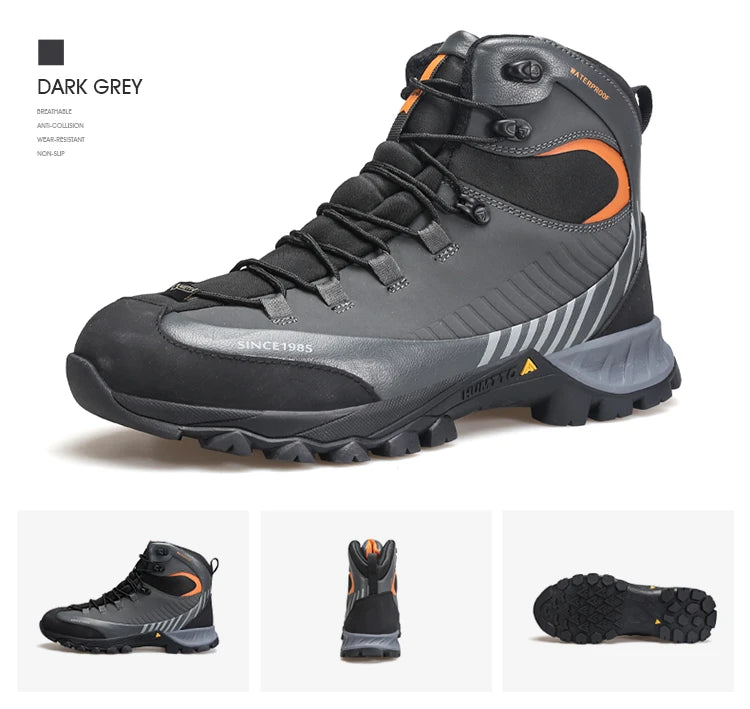 Bottines d'expédition pour homme Humtto "HT-240662A" noires et bleues, 100% imperméables, semelle renforcée et antidérapante. L'encart montre l'eau qui s'écoule. Idéales pour aventures outdoor, gardent vos pieds au sec et stables.