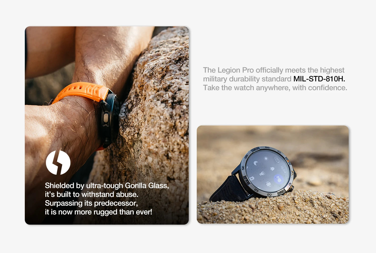 L'AGM Montre GPS Legion Pro est dotée d'un écran rond AMOLED de 1,43 pouce affichant l'heure, la date, la météo, le nombre de pas et la fréquence cardiaque. Elle est dotée d'un bracelet noir, d'une lunette métallique et est étanche 5ATM/IP68 pour un style moderne.