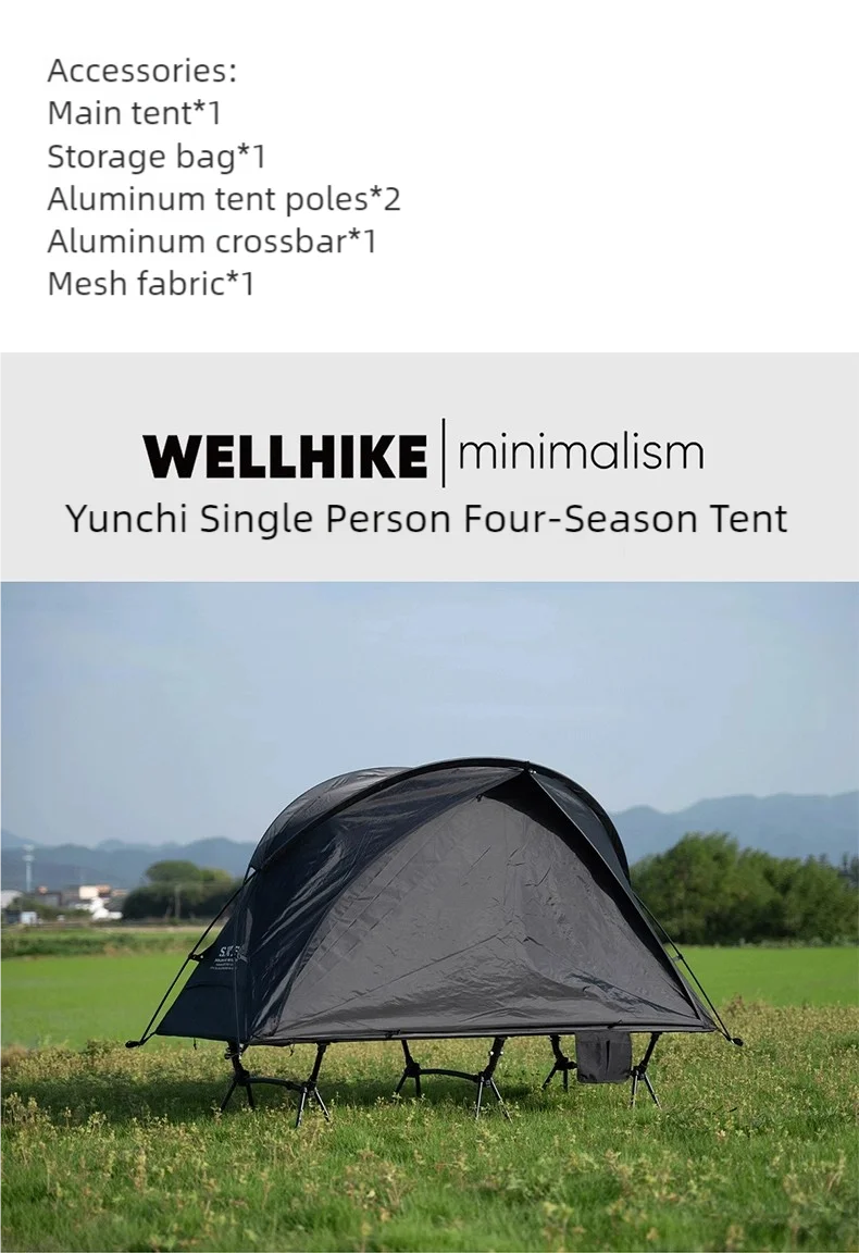 A Lit de camp 2 en 1 avec tente simple-paroi "Wellhike Minimalism - Yunchi SWS" de Wellhike Minimalism est installé sur l'herbe, avec des tables pliantes à proximité. Le texte "WELLHIKE minimalism" apparaît en bas de l'image.