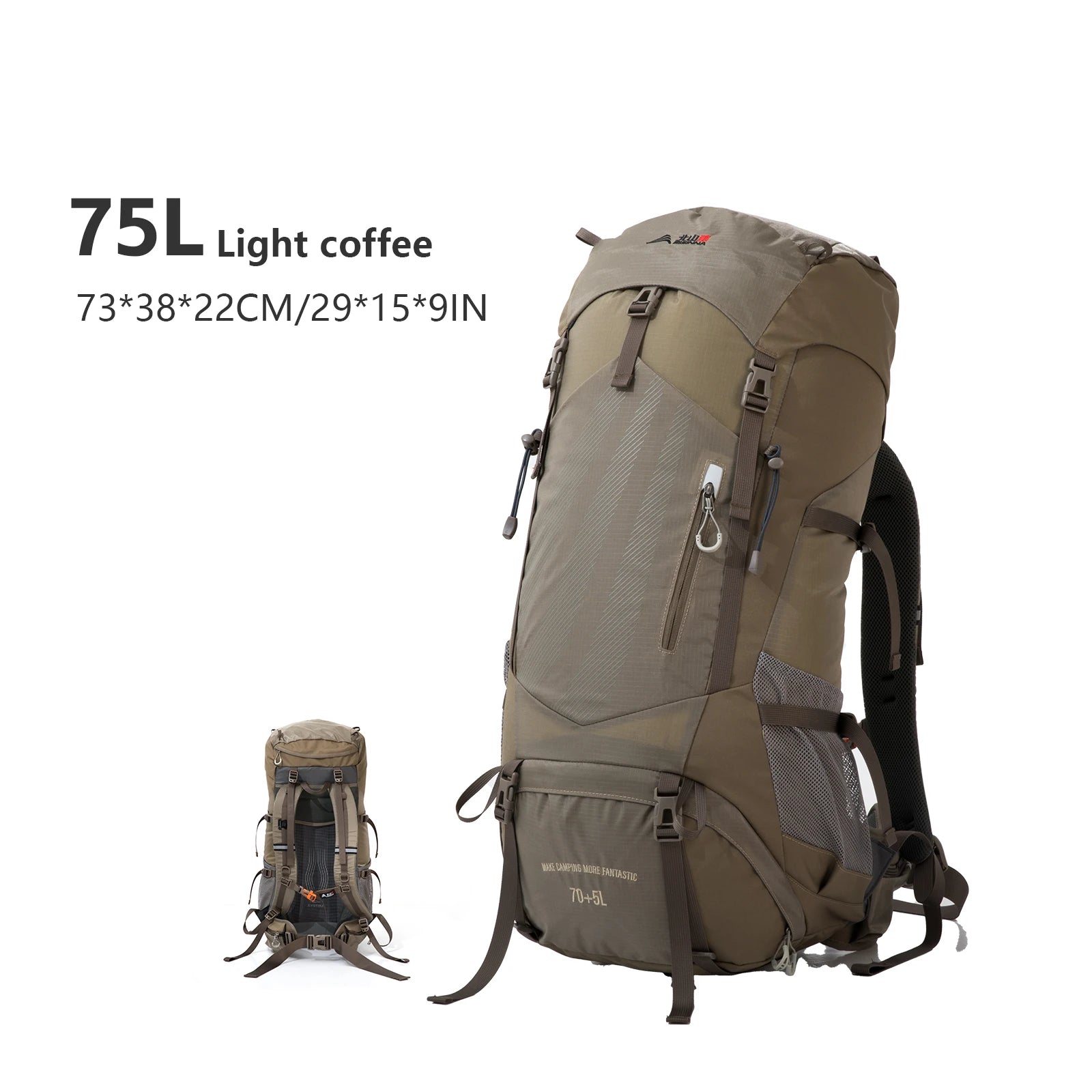 Le BISINNA Sac à dos de trekking 70L (B042), 1,58 kg avec housse de pluie, comporte de multiples compartiments, des poches latérales en filet, des bretelles réglables et une poche frontale zippée.