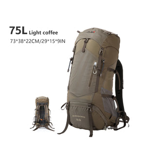 Le BISINNA Sac à dos de trekking 70L (B042), 1,58 kg avec housse de pluie, comporte de multiples compartiments, des poches latérales en filet, des bretelles réglables et une poche frontale zippée.