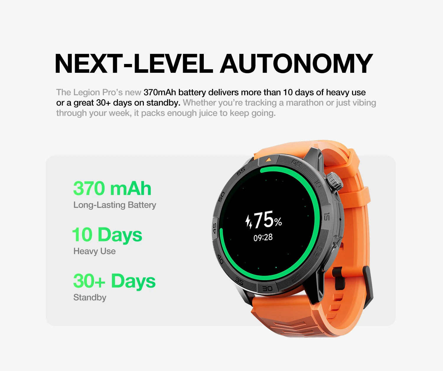 L'AGM Montre GPS Legion Pro est dotée d'un écran rond AMOLED de 1,43 pouce affichant l'heure, la date, la météo, le nombre de pas et la fréquence cardiaque. Elle est dotée d'un bracelet noir, d'une lunette métallique et est étanche 5ATM/IP68 pour un style moderne.