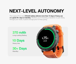 L'AGM Montre GPS Legion Pro est dotée d'un écran rond AMOLED de 1,43 pouce affichant l'heure, la date, la météo, le nombre de pas et la fréquence cardiaque. Elle est dotée d'un bracelet noir, d'une lunette métallique et est étanche 5ATM/IP68 pour un style moderne.