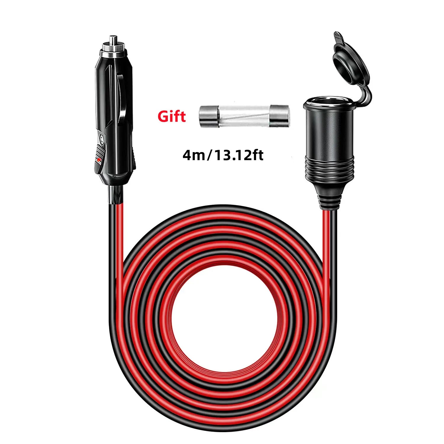 Rallonge pour allume-cigare de voiture 12 V/24 V Planète Rando, 4 m, rouge/noir, avec fusible, embout et dispositif de sécurité pour une utilisation en extérieur.