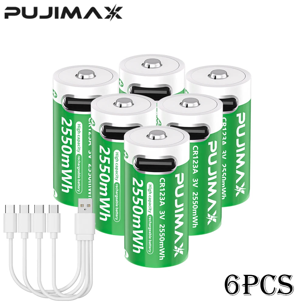 Lot de 6 piles rechargeables PUJIMAX CR123A 3 V au lithium-polymère, 2 550 mAh, avec câble USB-C rapide, idéal pour la randonnée.