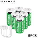 Lot de 6 piles rechargeables PUJIMAX CR123A 3 V au lithium-polymère, 2 550 mAh, avec câble USB-C rapide, idéal pour la randonnée.
