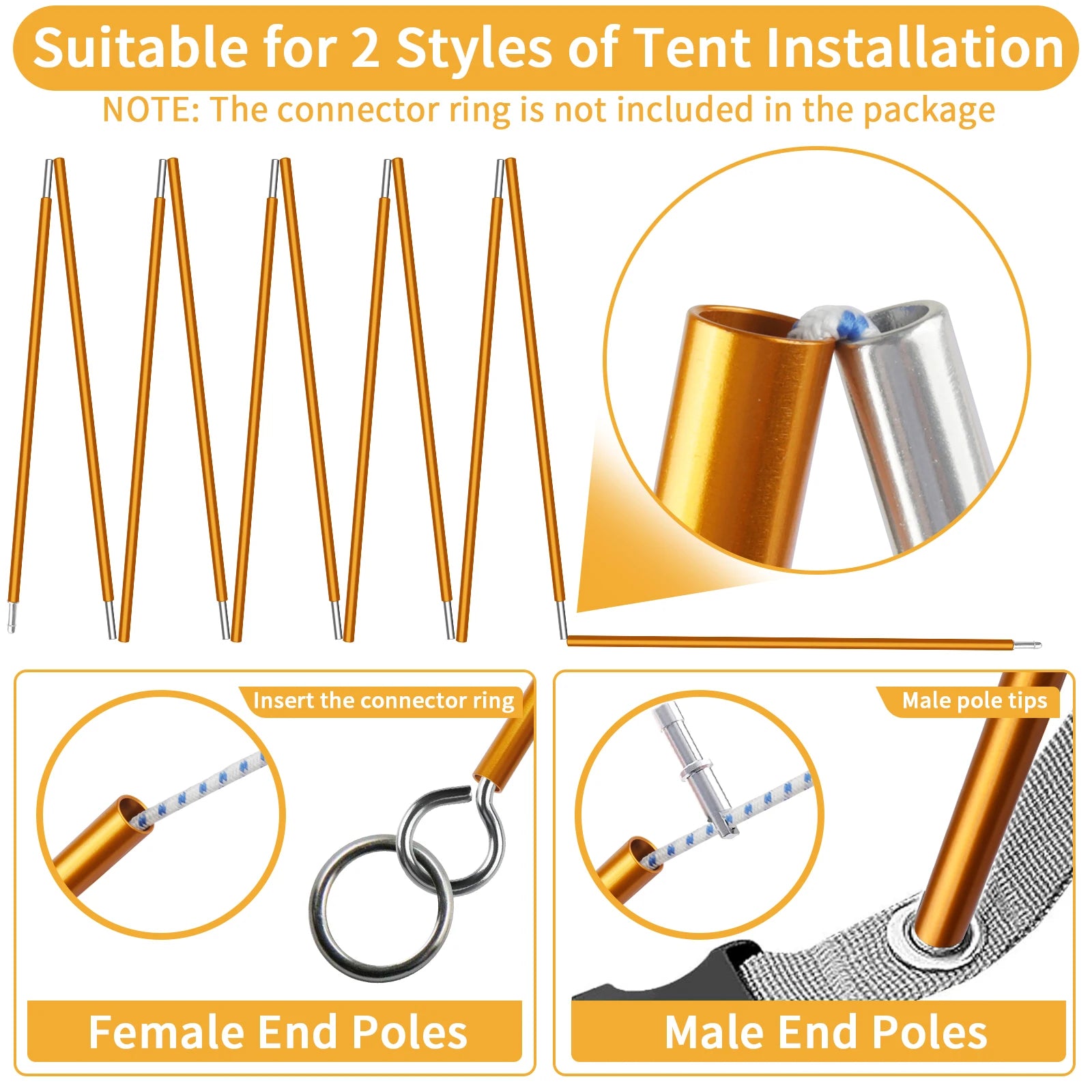 Poteau de tente en alliage d'aluminium, 4.3M/3.6M, Support de Camping, accessoires de remplacement pour randonnée, auvent, cadres d'abri, tiges, 1 pièce/2 pièces Top Pole
