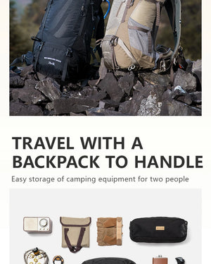 Le BISINNA Sac à dos de trekking 70L (B042), 1,58 kg avec housse de pluie, comporte de multiples compartiments, des poches latérales en filet, des bretelles réglables et une poche frontale zippée.