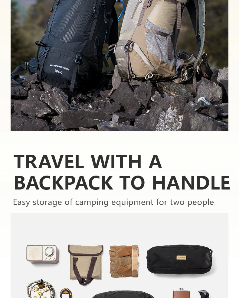 Le BISINNA Sac à dos de trekking 70L (B042), 1,58 kg avec housse de pluie, comporte de multiples compartiments, des poches latérales en filet, des bretelles réglables et une poche frontale zippée.