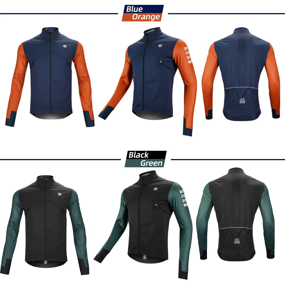 Trois vestes DAREVIE "Veste de cyclisme & coupe-vent polaire manches longues pour homme DVJ330" de différentes couleurs sont présentées, avec un graphique enflammé sur une manche illustrant la chaleur et la rétention de la chaleur de la conception.
