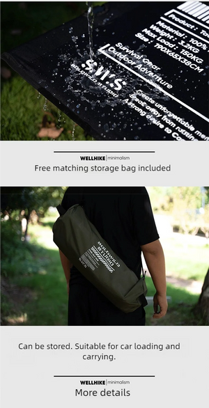 A Lit de camp 2 en 1 avec tente simple-paroi "Wellhike Minimalism - Yunchi SWS" de Wellhike Minimalism est installé sur l'herbe, avec des tables pliantes à proximité. Le texte "WELLHIKE minimalism" apparaît en bas de l'image.