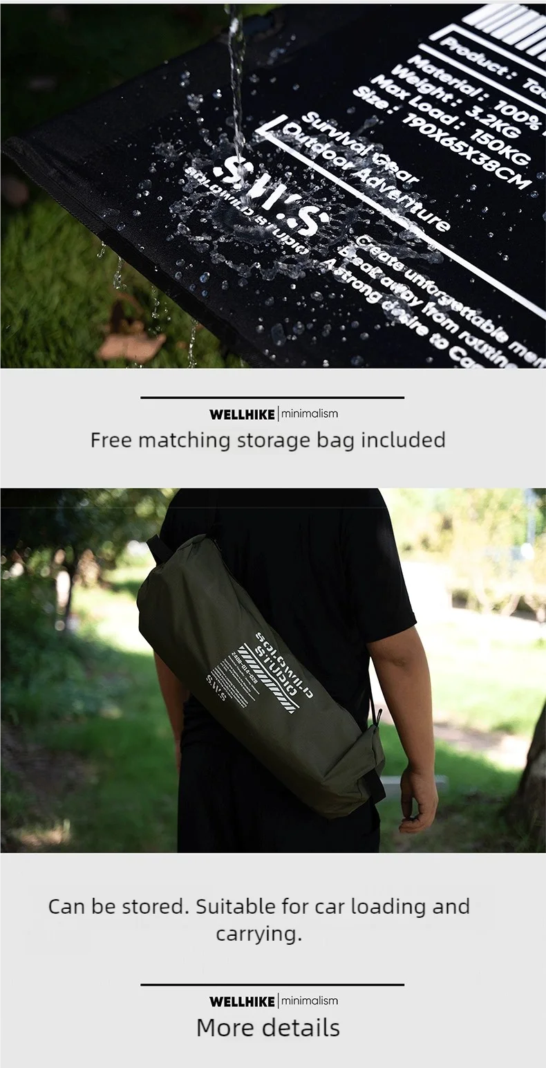 A Lit de camp 2 en 1 avec tente simple-paroi "Wellhike Minimalism - Yunchi SWS" de Wellhike Minimalism est installé sur l'herbe, avec des tables pliantes à proximité. Le texte "WELLHIKE minimalism" apparaît en bas de l'image.