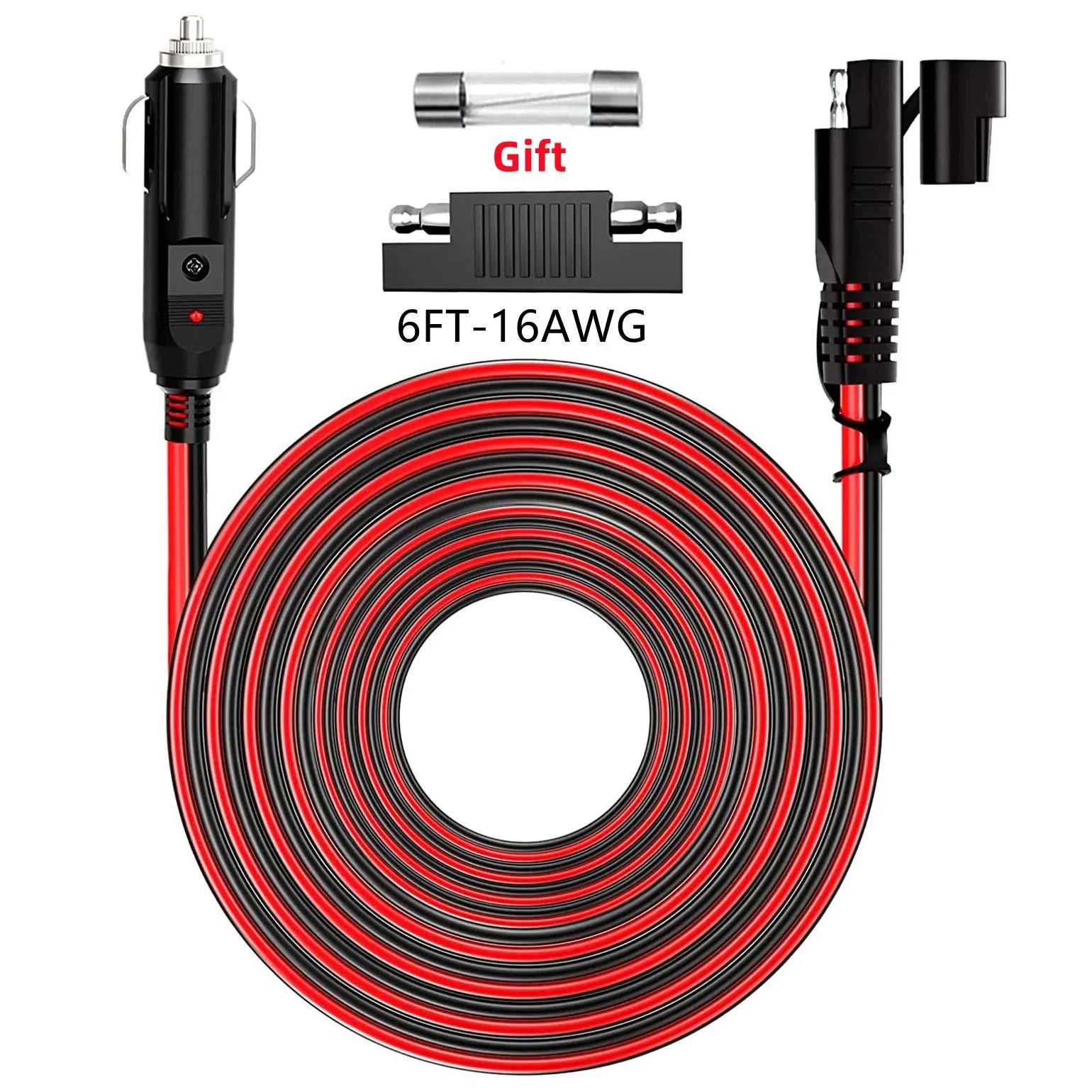 Rallonge pour allume-cigare de voiture 12 V/24 V, 6 pieds, 16 AWG, rouge et noir, marque Planète Rando, avec fusible et protection contre les courts-circuits.