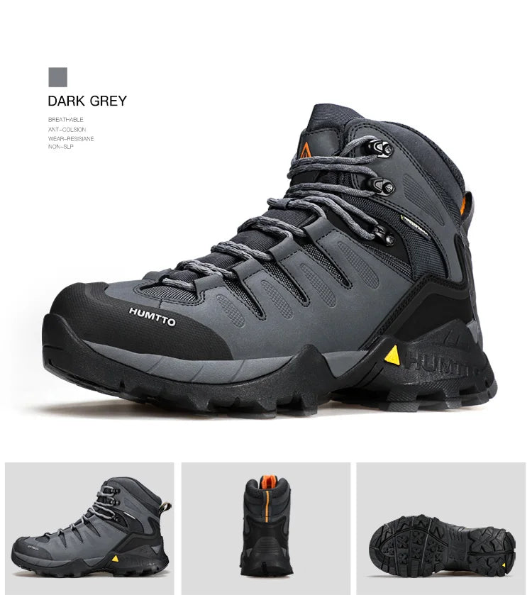 A single Humtto Chaussure de randonnée high-top "HT-250290A", vert et noir, en cuir véritable, avec lacets noirs et semelle antidérapante splash-proof, est présentée en vue latérale.