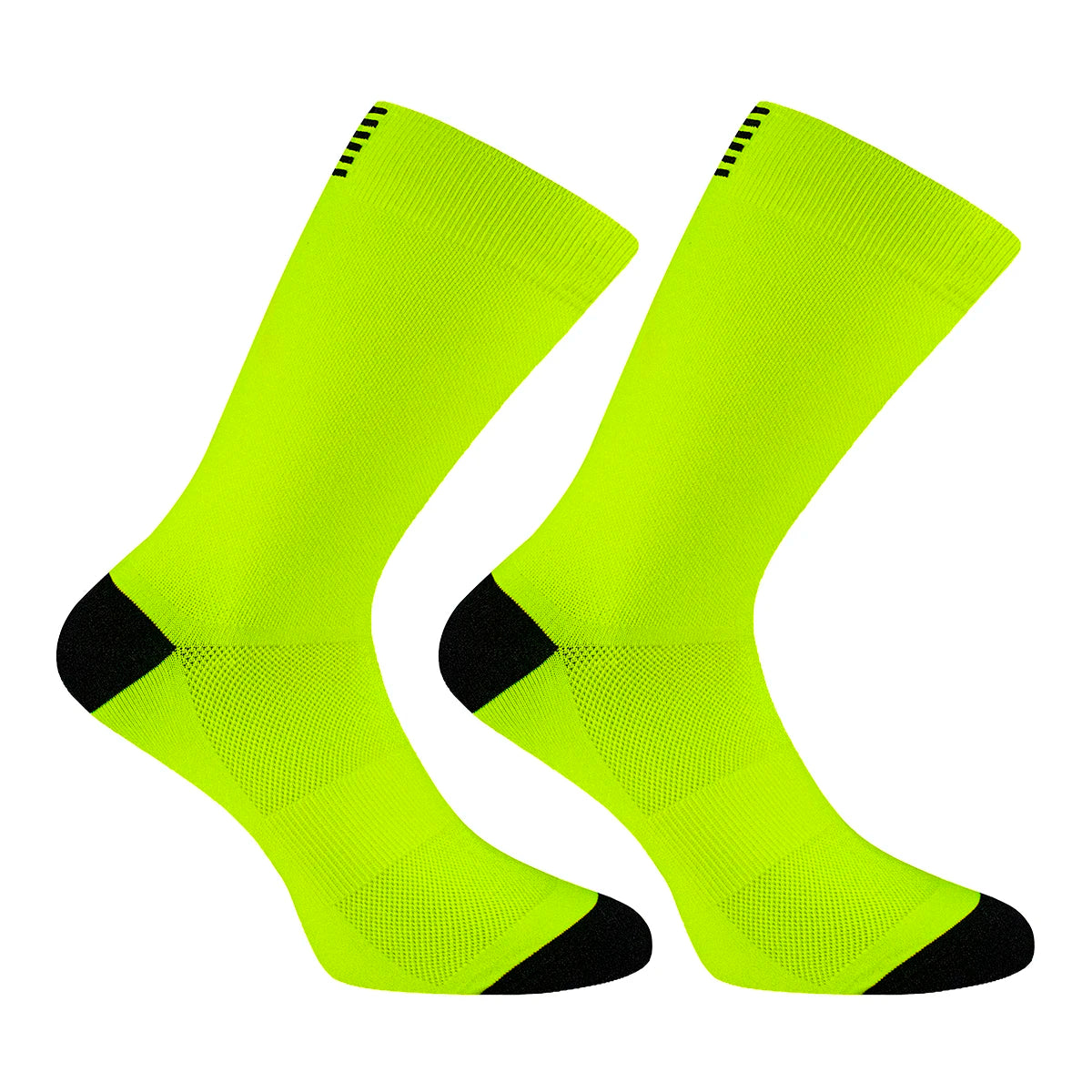 Trois paires de chaussettes de cyclisme pour hommes Daven Socks - YD-345, longueur ras du cou, en blanc, jaune néon avec accents noirs, et noir sont présentées côte à côte sur un fond blanc.