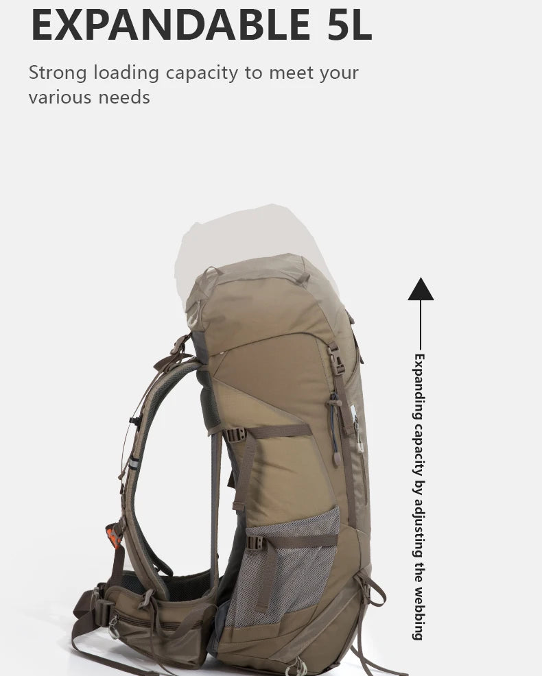 Le BISINNA Sac à dos de trekking 70L (B042), 1,58 kg avec housse de pluie, comporte de multiples compartiments, des poches latérales en filet, des bretelles réglables et une poche frontale zippée.