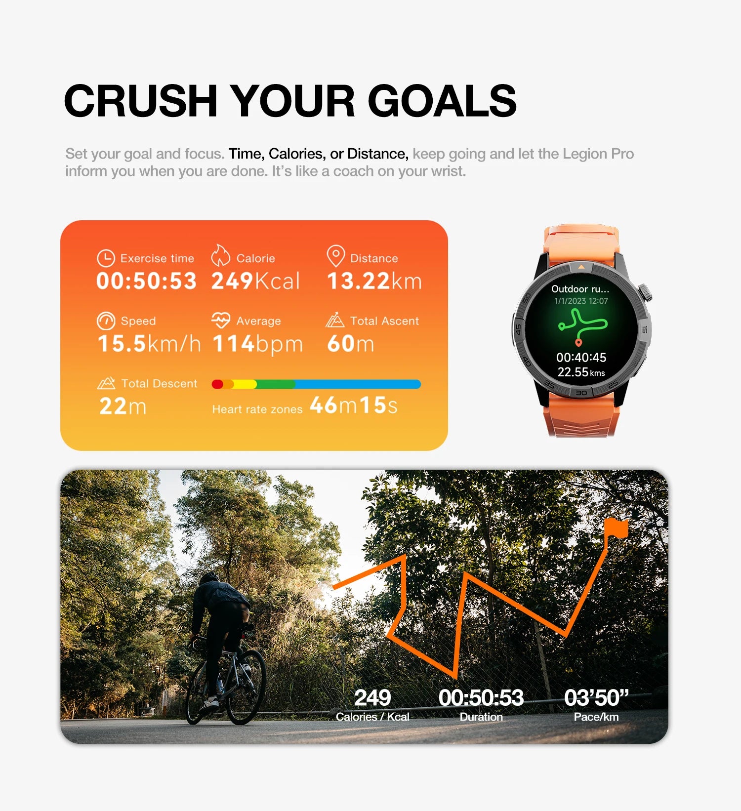L'AGM Montre GPS Legion Pro est dotée d'un écran rond AMOLED de 1,43 pouce affichant l'heure, la date, la météo, le nombre de pas et la fréquence cardiaque. Elle est dotée d'un bracelet noir, d'une lunette métallique et est étanche 5ATM/IP68 pour un style moderne.