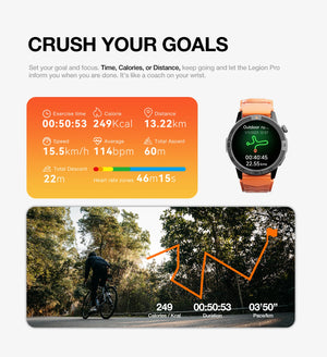 L'AGM Montre GPS Legion Pro est dotée d'un écran rond AMOLED de 1,43 pouce affichant l'heure, la date, la météo, le nombre de pas et la fréquence cardiaque. Elle est dotée d'un bracelet noir, d'une lunette métallique et est étanche 5ATM/IP68 pour un style moderne.