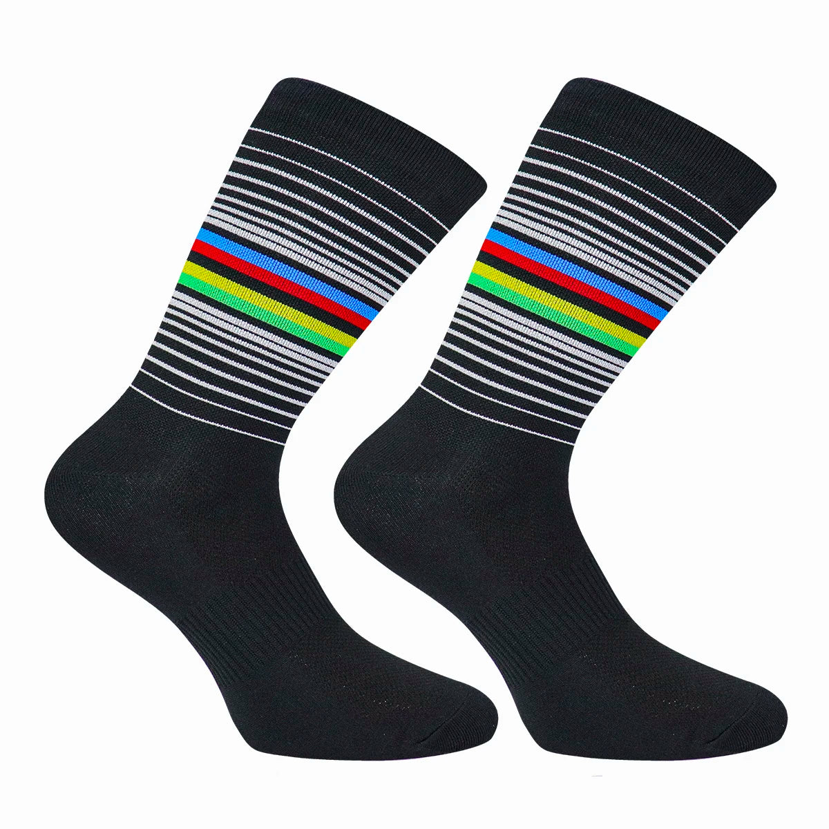 Trois paires de chaussettes de cyclisme pour hommes Daven Socks - YD-345, longueur ras du cou, en blanc, jaune néon avec accents noirs, et noir sont présentées côte à côte sur un fond blanc.