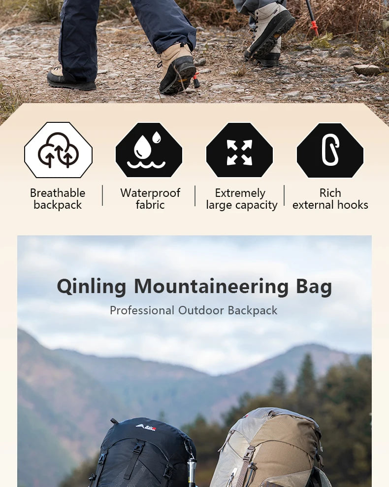 Le BISINNA Sac à dos de trekking 70L (B042), 1,58 kg avec housse de pluie, comporte de multiples compartiments, des poches latérales en filet, des bretelles réglables et une poche frontale zippée.