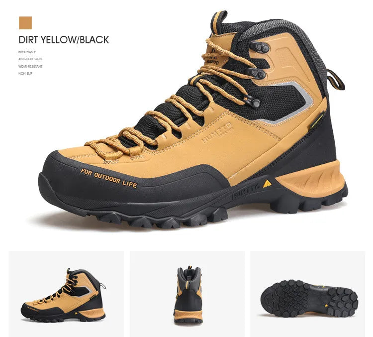 Humtto "HT-240783A" chaussures de randonnée high-top 100% imperméables pour homme, avec semelle robuste, empiècements en mesh et bout renforcé, exposées sur fond blanc. Logo Humtto en haut à gauche.