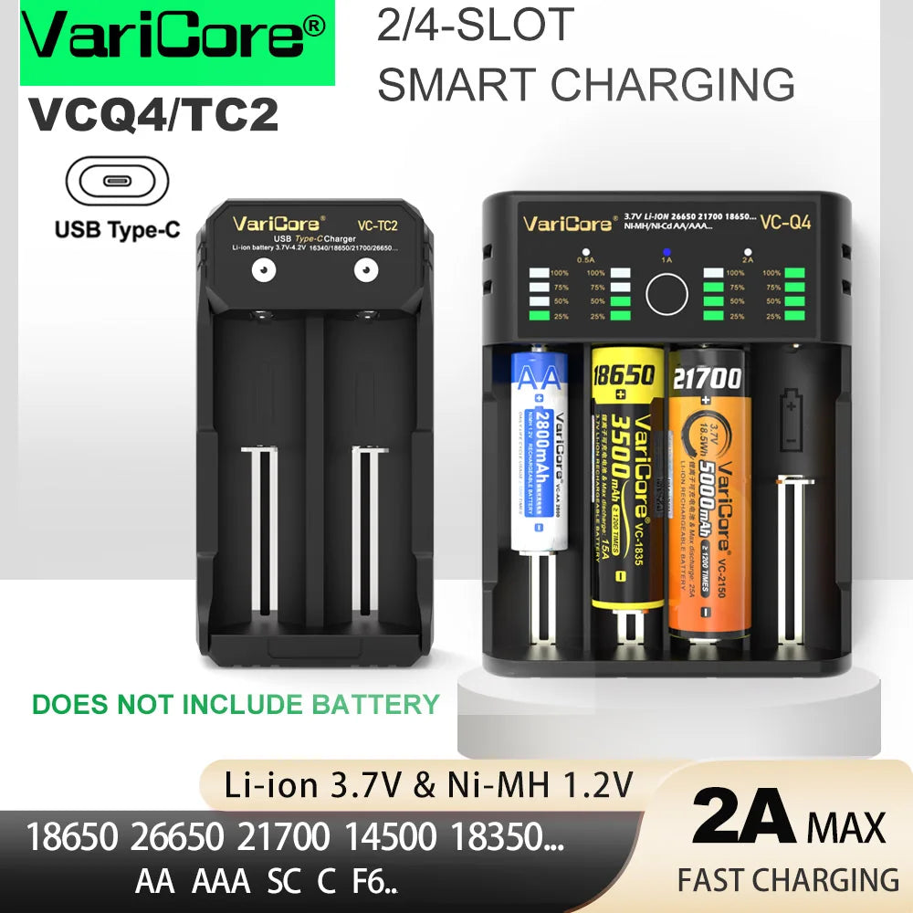 Chargeur intelligent portable pour batteries lithium 3,7V et 1,2 V Ni-MH Ni-Cd AA/AAA "VariCore VCQ4 TC2"