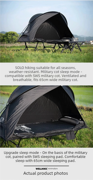 A Lit de camp 2 en 1 avec tente simple-paroi "Wellhike Minimalism - Yunchi SWS" de Wellhike Minimalism est installé sur l'herbe, avec des tables pliantes à proximité. Le texte "WELLHIKE minimalism" apparaît en bas de l'image.