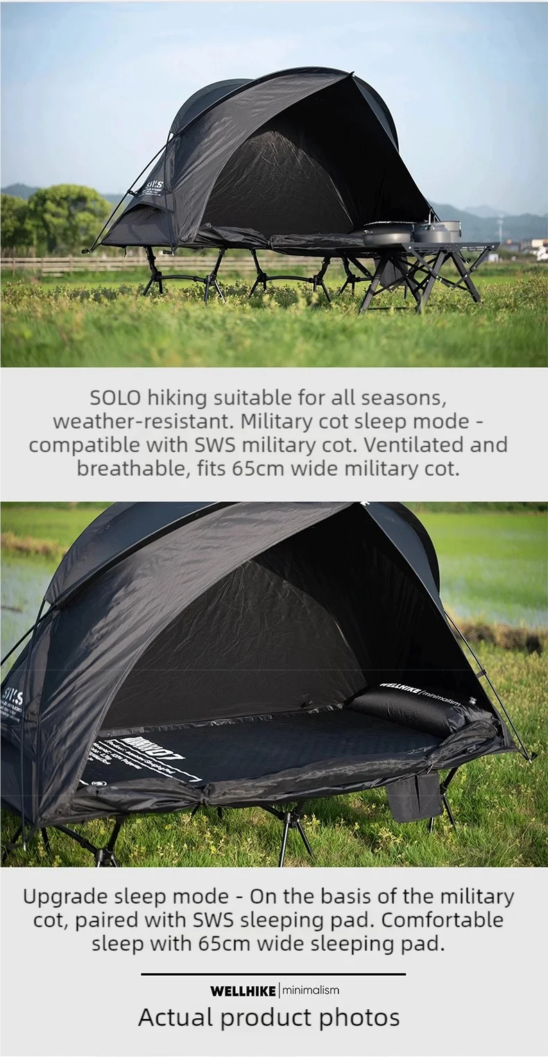 A Lit de camp 2 en 1 avec tente simple-paroi "Wellhike Minimalism - Yunchi SWS" de Wellhike Minimalism est installé sur l'herbe, avec des tables pliantes à proximité. Le texte "WELLHIKE minimalism" apparaît en bas de l'image.