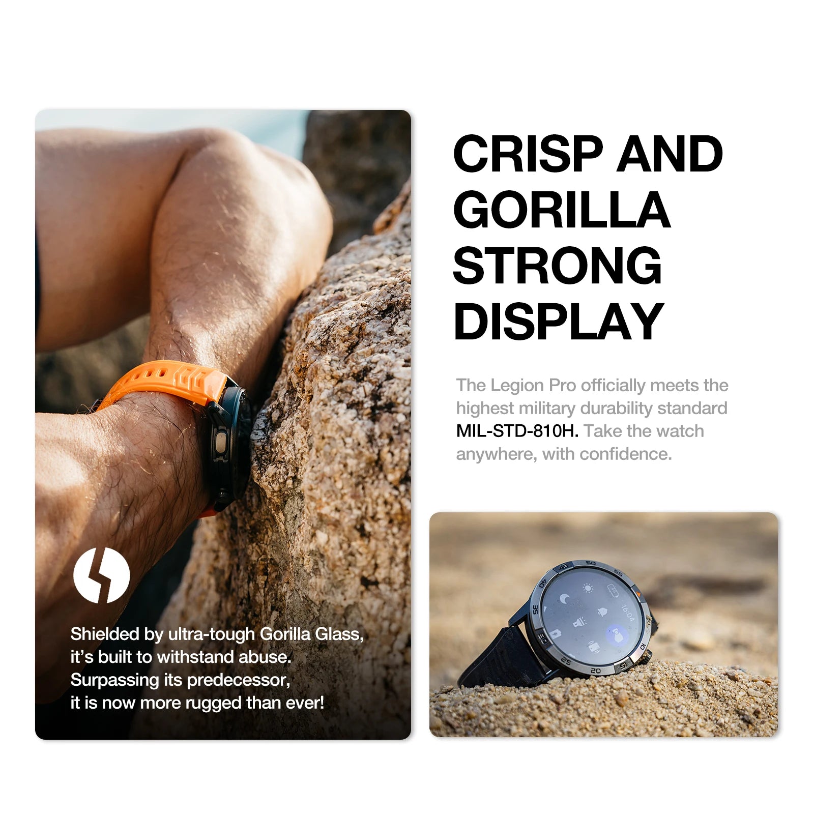 L'AGM Montre GPS Legion Pro est dotée d'un écran rond AMOLED de 1,43 pouce affichant l'heure, la date, la météo, le nombre de pas et la fréquence cardiaque. Elle est dotée d'un bracelet noir, d'une lunette métallique et est étanche 5ATM/IP68 pour un style moderne.