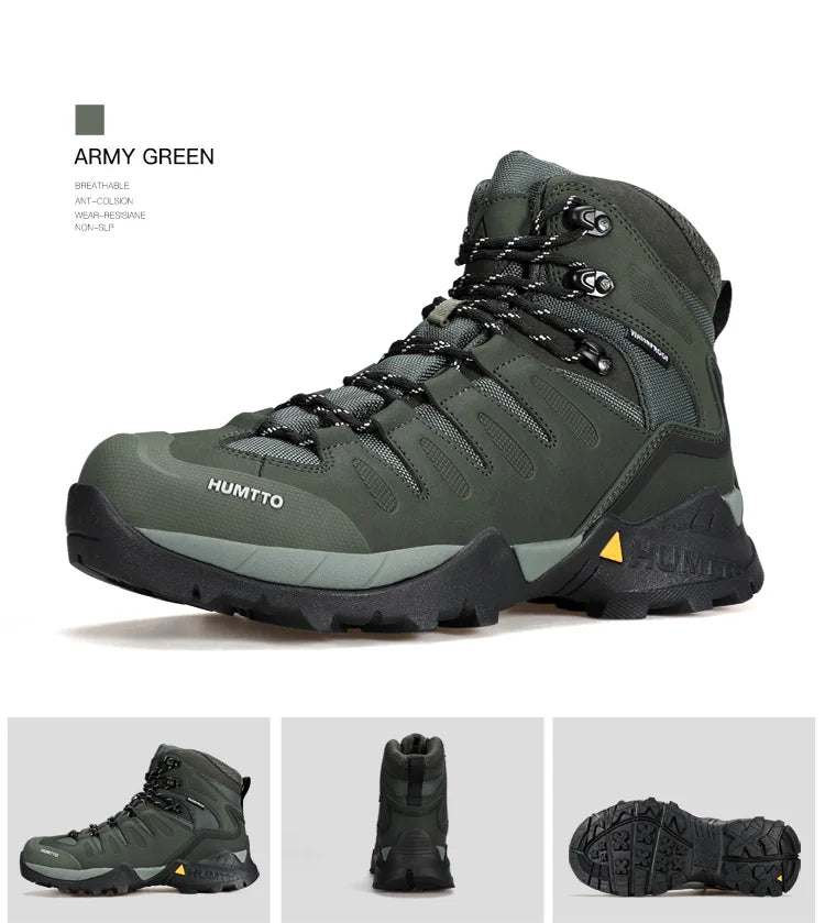 A single Humtto Chaussure de randonnée high-top "HT-250290A", vert et noir, en cuir véritable, avec lacets noirs et semelle antidérapante splash-proof, est présentée en vue latérale.