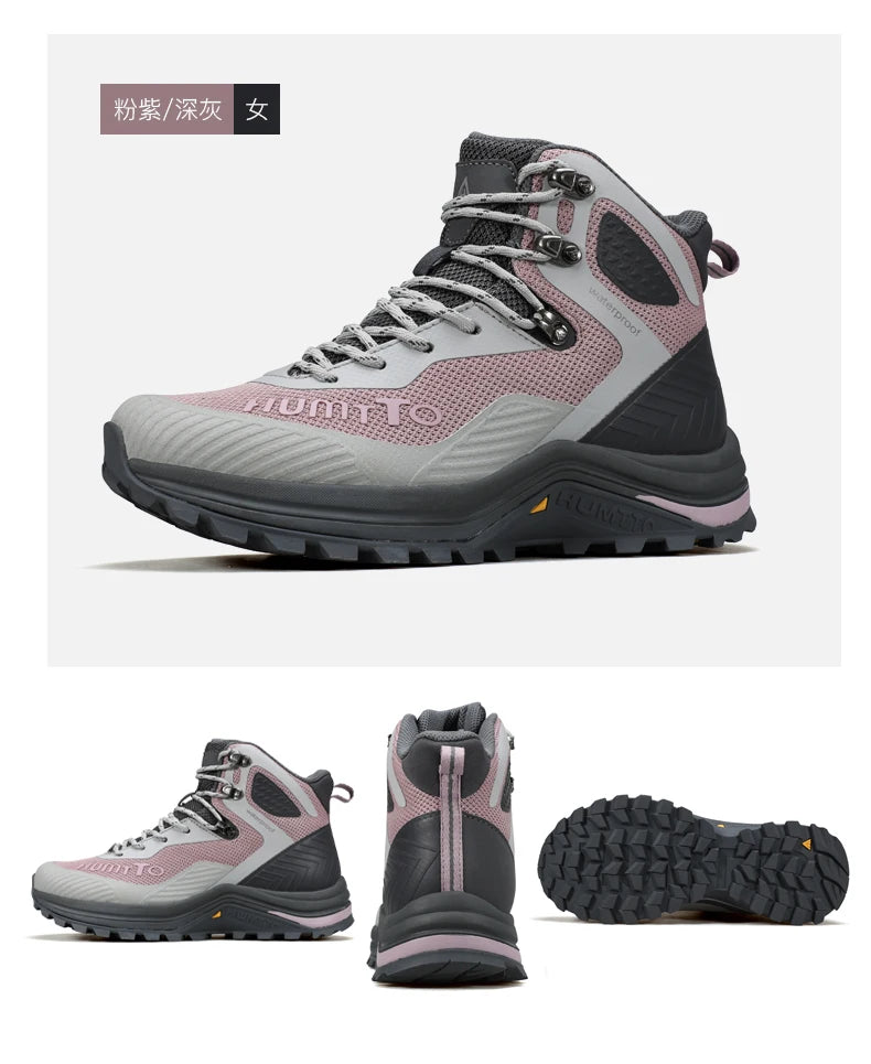 Les chaussures de randonnée Humtto "HT-250460B" pour femmes sont dotées de la technologie Static Waterproof, d'un design gris/rose, d'une semelle robuste, d'un lacet à l'avant et d'un support pour la cheville. Imperméables et respirantes. Affichées sur un fond blanc.