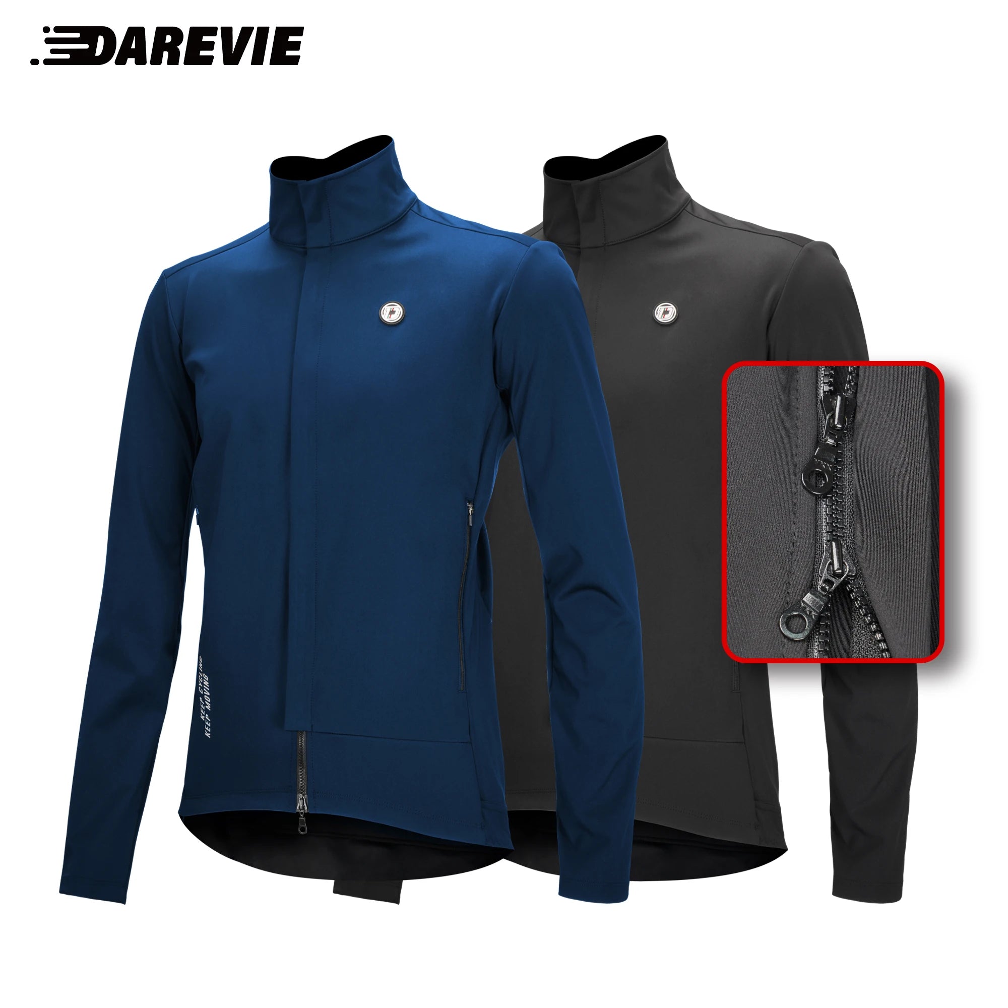 Deux DAREVIE Veste de cyclisme d'hiver en polaire thermique résistante à l'eau (DVJ229), l'une bleue et l'autre noire, sont présentées avec un gros plan de la double fermeture éclair et un logo réfléchissant "DAREVIE" dans le coin supérieur gauche. Pour températures de -5 à 10°C.