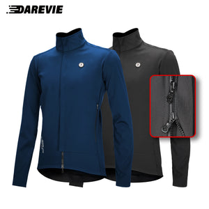 Deux DAREVIE Veste de cyclisme d'hiver en polaire thermique résistante à l'eau (DVJ229), l'une bleue et l'autre noire, sont présentées avec un gros plan de la double fermeture éclair et un logo réfléchissant "DAREVIE" dans le coin supérieur gauche. Pour températures de -5 à 10°C.
