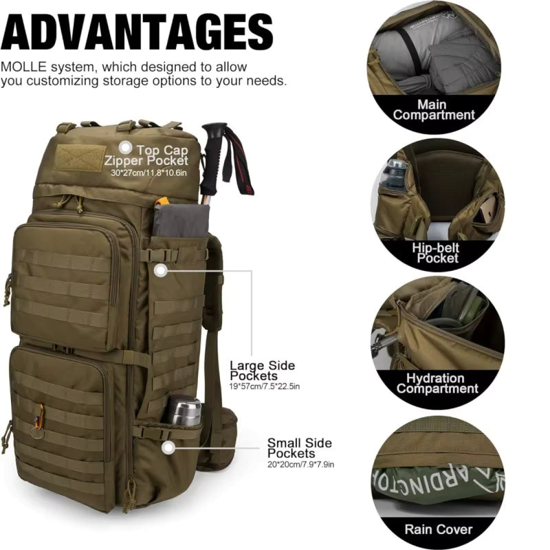 Sac à dos tactique Spanker Excellente Elite de 75 L en polyester 900D, multiples poches, système MOLLE, housse de pluie, idéal pour la randonnée.