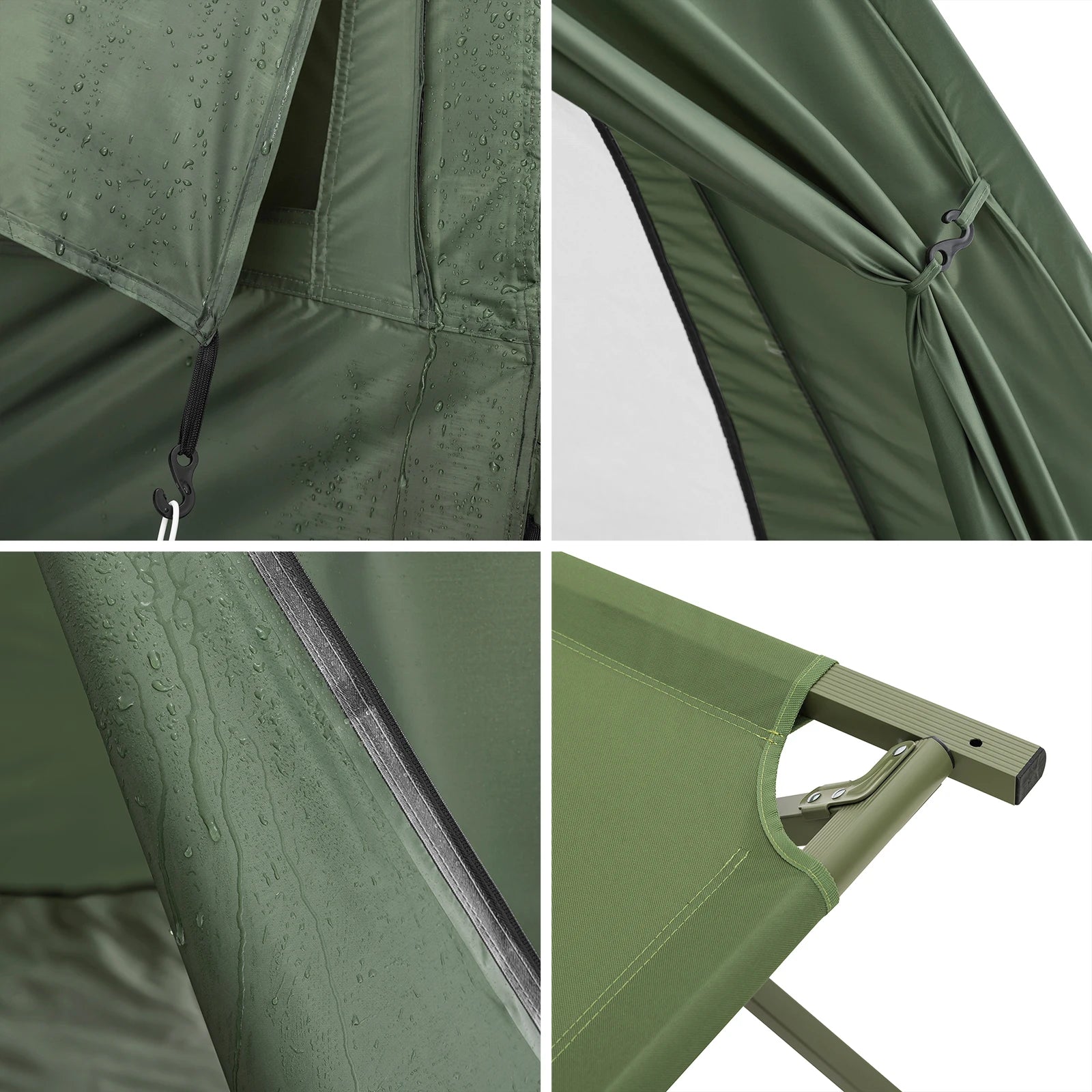 Le SoBuy Lit de camp hybride avec tente 3 en 1 pour 1 personne "OGS32-II" comprend une tente en polyester vert, des pieds en aluminium, une fenêtre latérale, une moustiquaire et une pochette de rangement.