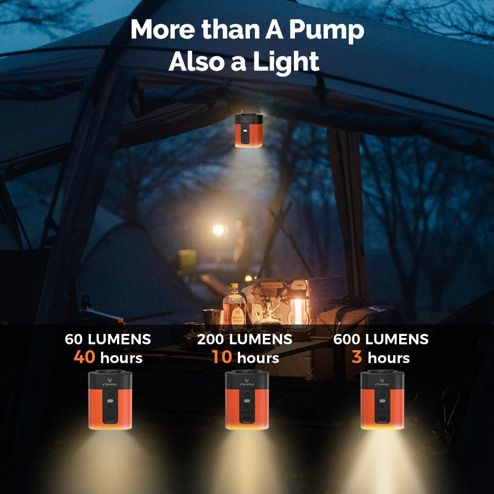 Pompe à air portable ETENWOLF AIR 3 avec 2600 mAh et lampe de camping – Gonflage et dégonflage pour matelas gonflables et articles de piscine. ETENWOLF