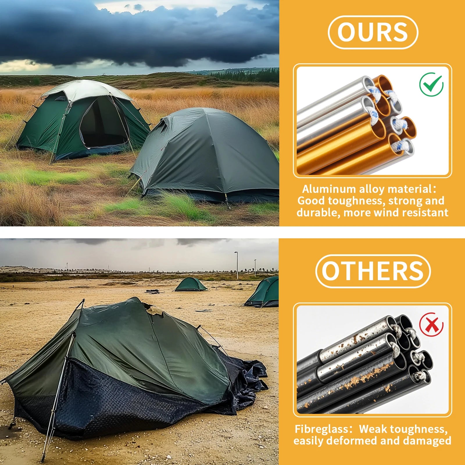 Poteau de tente en alliage d'aluminium, 4.3M/3.6M, Support de Camping, accessoires de remplacement pour randonnée, auvent, cadres d'abri, tiges, 1 pièce/2 pièces Top Pole