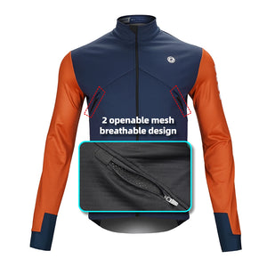 Trois vestes DAREVIE "Veste de cyclisme & coupe-vent polaire manches longues pour homme DVJ330" de différentes couleurs sont présentées, avec un graphique enflammé sur une manche illustrant la chaleur et la rétention de la chaleur de la conception.