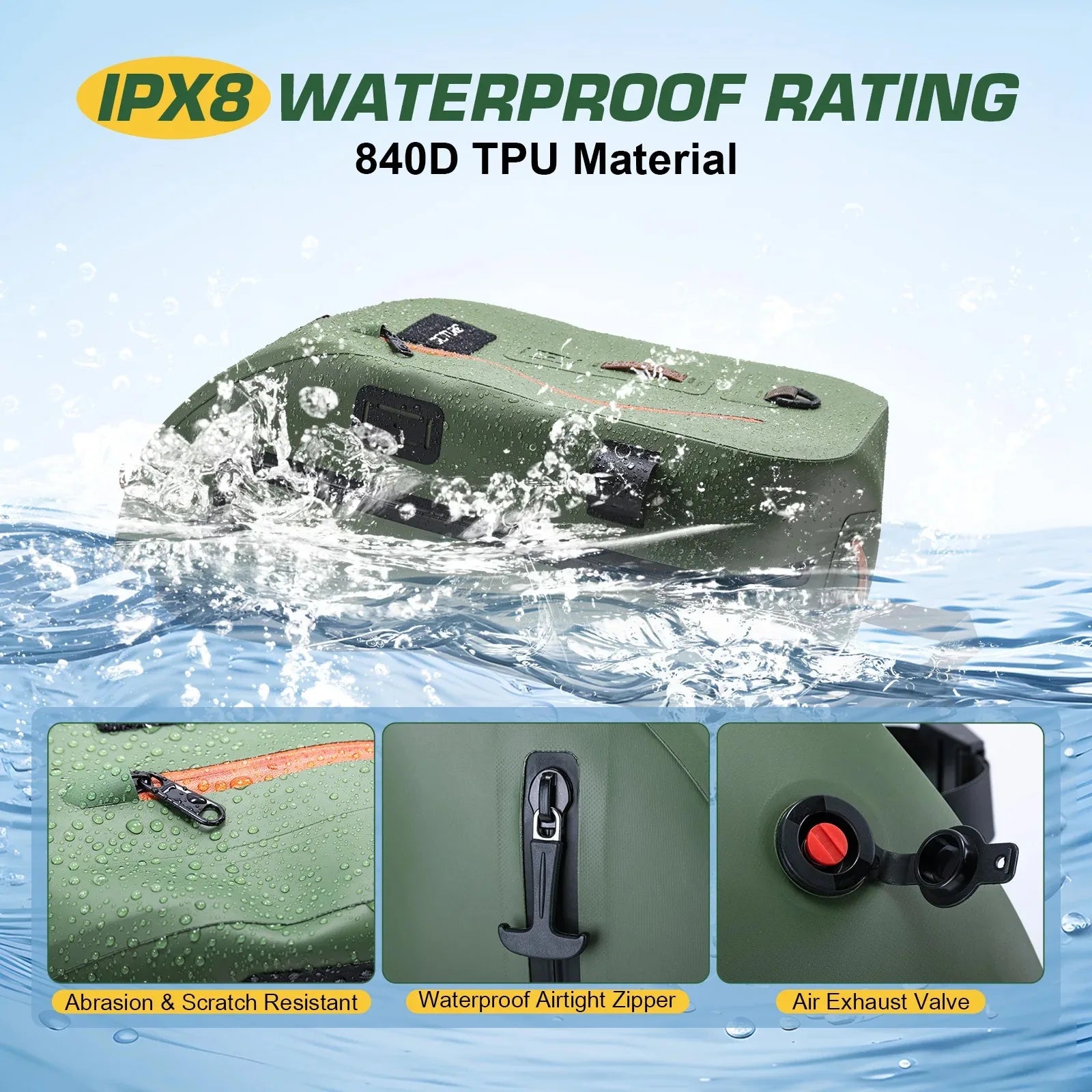 Le sac multifonction étanche IPX8 Goture - E11867 (13L) pour observation et pêche, doté de plusieurs compartiments, porte-gobelet, filet de pêche intégré, illustré sous divers angles avec silhouette pour référence.