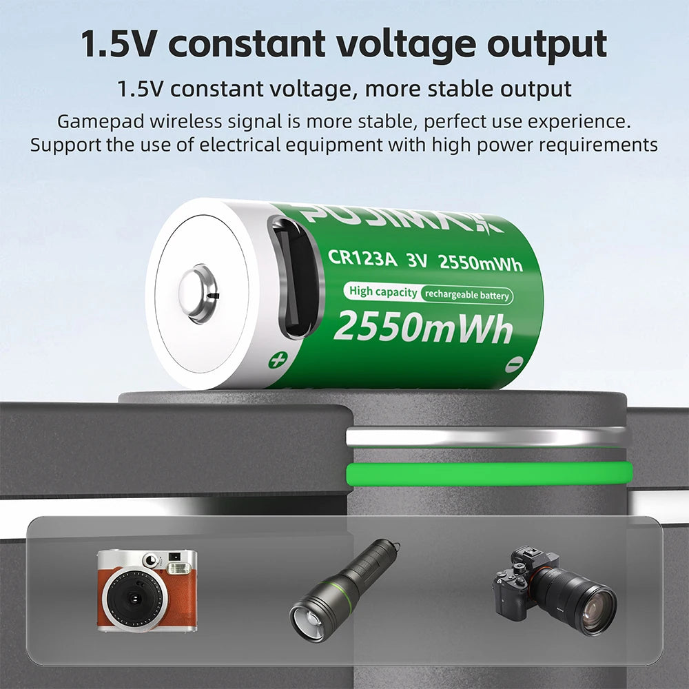 Batterie rechargeable PUJIMAX CR123A 3 V au lithium-ion, 2 550 mAh, recharge rapide via USB-C, idéale pour les lampes frontales de plein air.