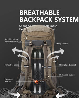 Le BISINNA Sac à dos de trekking 70L (B042), 1,58 kg avec housse de pluie, comporte de multiples compartiments, des poches latérales en filet, des bretelles réglables et une poche frontale zippée.