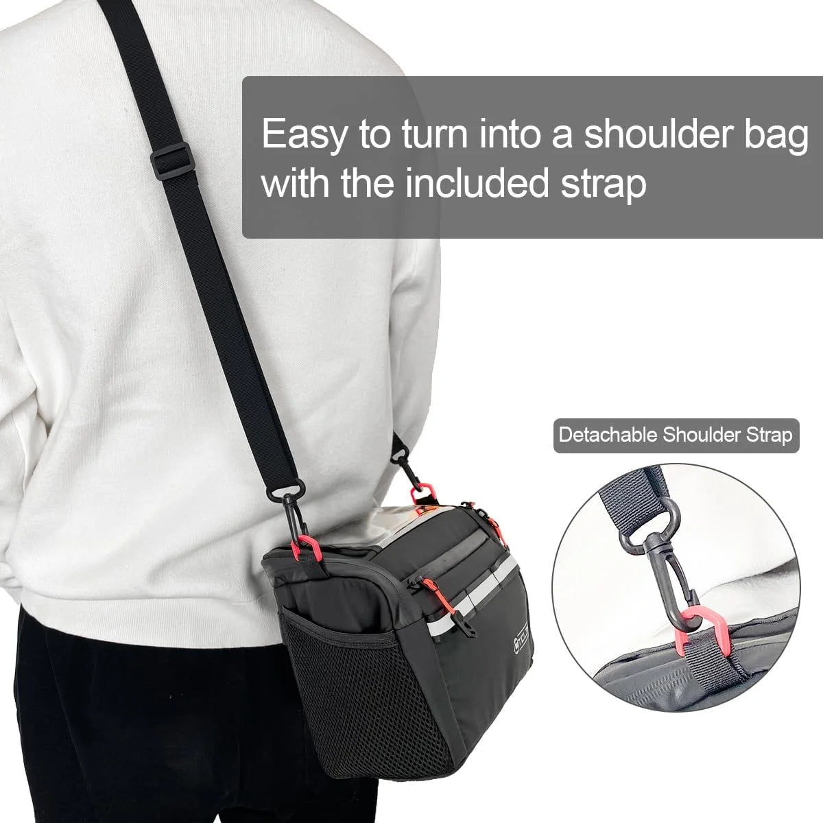 Personne portant la sacoche isotherme Toptrek 4L Bag01 fixée au guidon dun vélo, gros plan sur la fixation de la sangle.