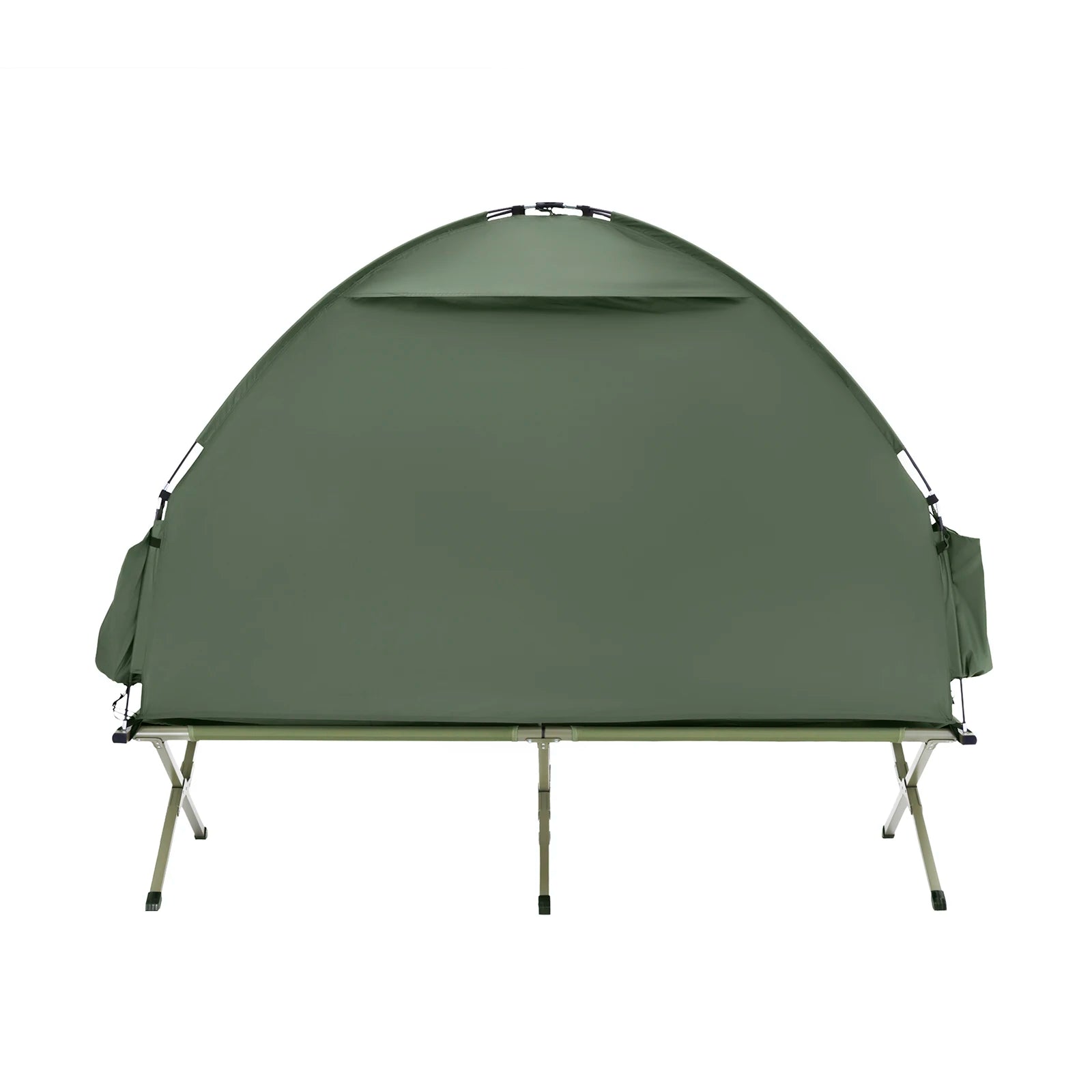 Le SoBuy Lit de camp hybride avec tente 3 en 1 pour 1 personne "OGS32-II" comprend une tente en polyester vert, des pieds en aluminium, une fenêtre latérale, une moustiquaire et une pochette de rangement.