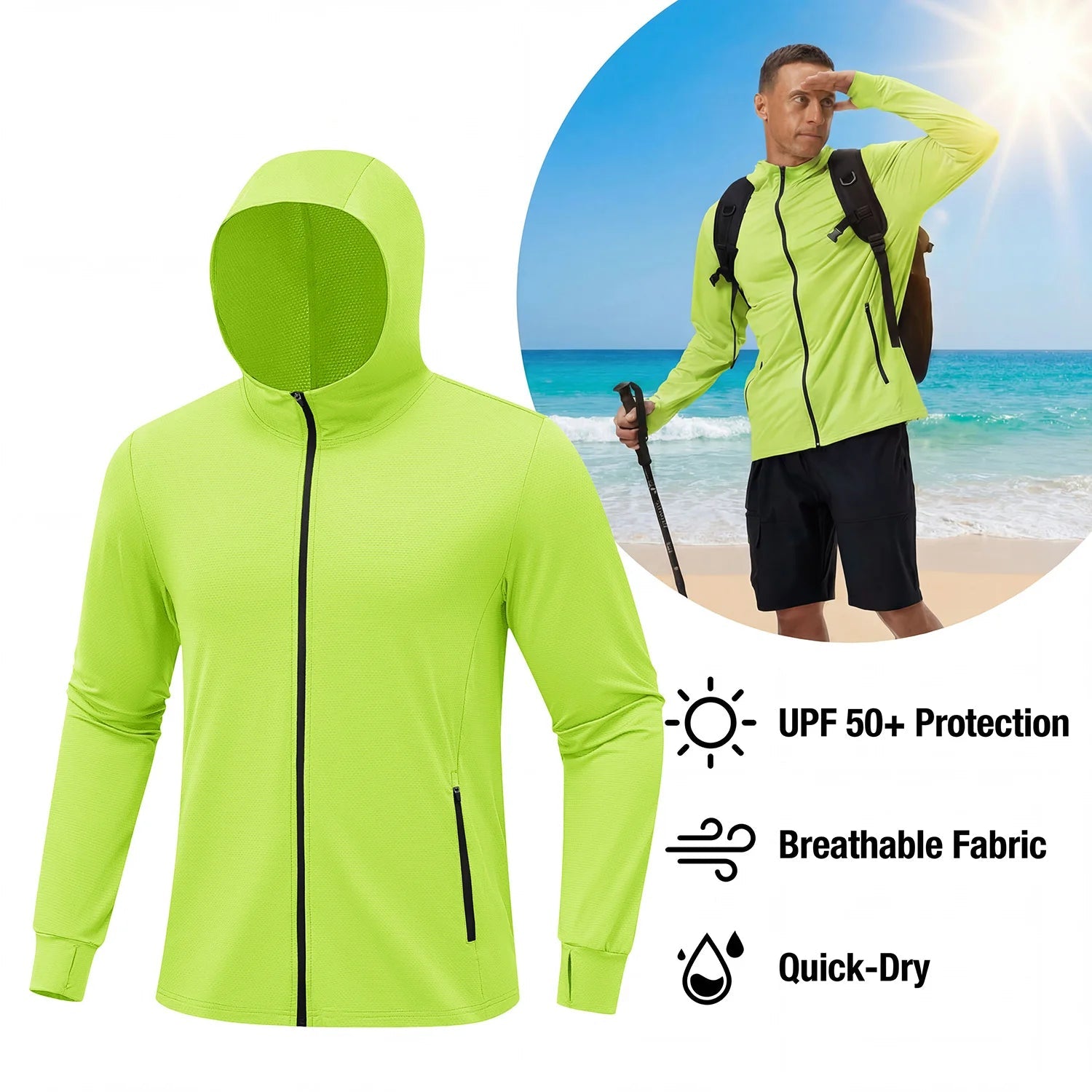 Veste de protection solaire UPF 50+ pour homme TACVASEN, veste de pêche légère à capuche avec 4 poches et trous pour les pouces, respirante Planète Rando