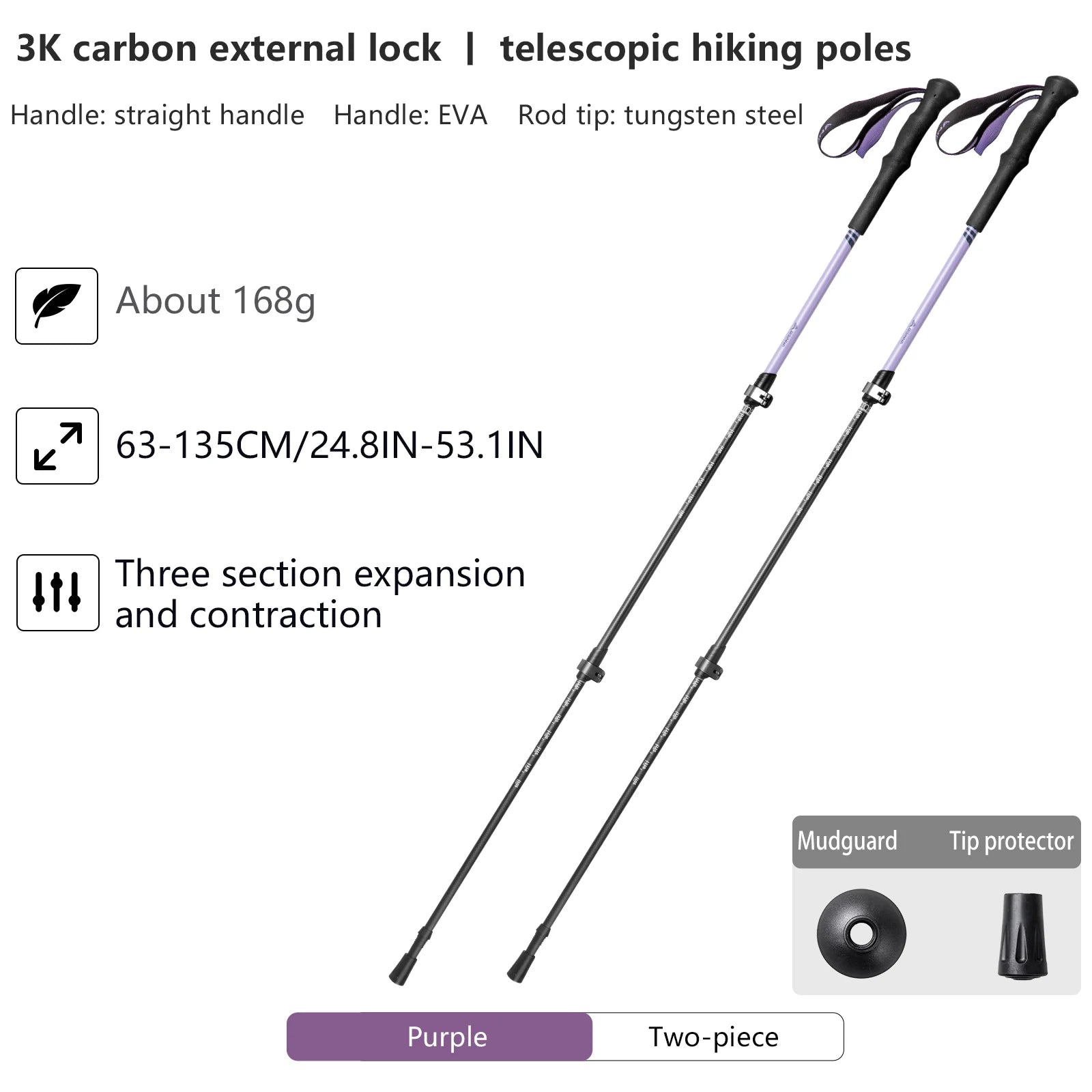 Lot de 2 bâtons de randonnée 3 sections 100% fibres de carbone ultra-léger 335g la paire "BISINNA - DL023"